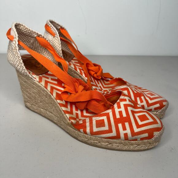 Tory Burch Orange Geometric Lace Up Espadrille Wedge Size 9 - Picture 2 of 11